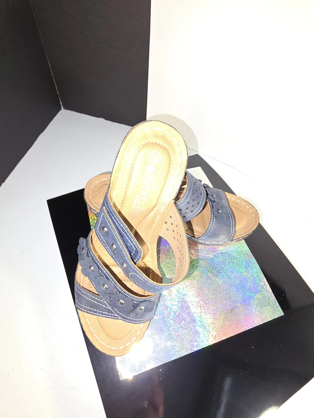 Patrizia Costmary Navy Floral Leather Wedge Sandal Stud Detail Sz 36 (5-6 US)